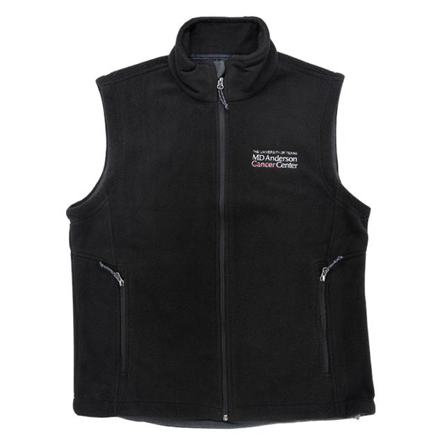 Black fleece zippered vest with the white MD Anderson logo embroidered on the chest area.