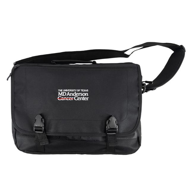 Black messenger briefcase featuring the white MD Anderson logo displayed on the front.