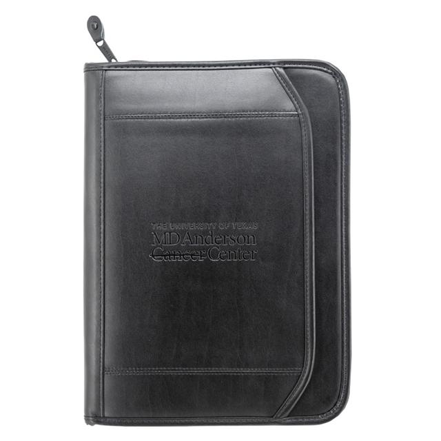 Zippered black leather portfolio engraved with the MD Anderson logo.