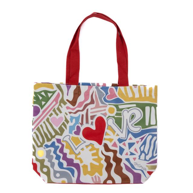 Canvas tote bag featuring the word 'Love' with the letter 'O' represented by a red heart, surrounded by colorful graffiti-like designs, with two red handles.