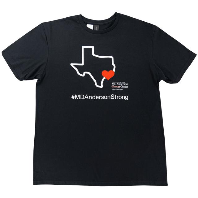 Black shirt featuring a white outline of the map of Texas with a heart on Houston, accompanied by the white MD Anderson logo and the hashtag #MDAndersonStrong.