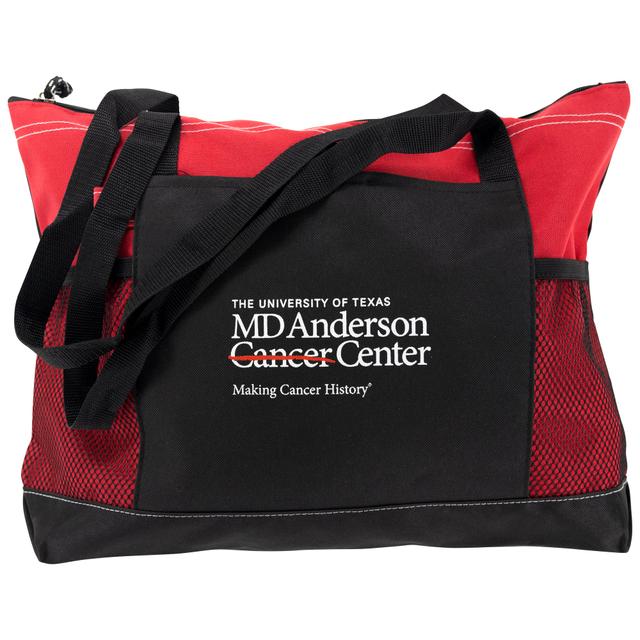 Red and black tote with side mesh pockets featuring the white MD Anderson logo on the front.